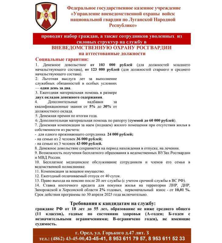 Росгвардия проводит набор сотрудников для службы во вневедомственной охране Луганской Народной Республики